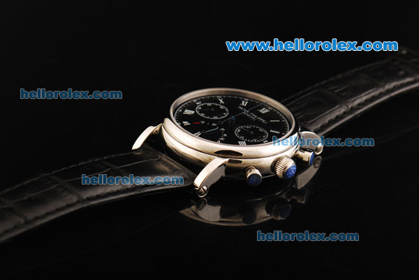 Patek Philippe Chronograph Swiss Valjoux 7750 Manual Winding Movement Steel Case with Black Dial and Black Leather Strap - Click Image to Close